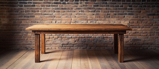 Poster - Wooden table in front of a rustic brick wall with wooden flooring in an interior setting Copy Space