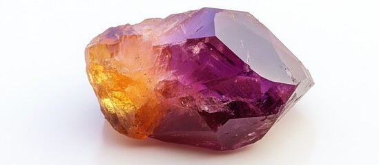 Poster - Multicolored Amethyst and Citrine Crystal Cluster with Sharp Edges and Glossy Surface on White Background Copy Space