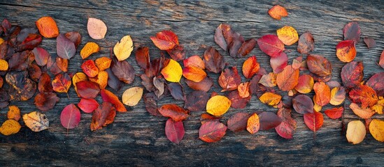 Poster - Colorful autumn leaves scattered on rustic wooden surface with space for text or caption Copy Space