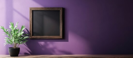 Poster - Modern interior with wooden frame on purple wall and potted plant on wooden table with natural light creating shadows and copy space