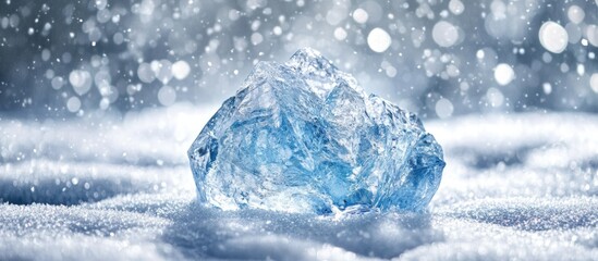 Poster - Close-up of a blue ice crystal on a snowy surface with a blurred background of falling snowflakes and bokeh effect Copy Space