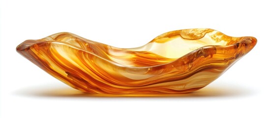 Poster - Amber colored decorative glass dish with swirling patterns and smooth edges on white background Copy Space