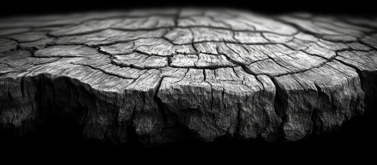 Poster - Textured tree stump surface with deep cracks and detailed wood grain patterns against a dark background Copy Space