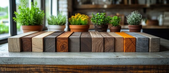 Poster - Wooden blocks in various colors arranged on a table with potted herbs in the background natural light interior setting Copy Space