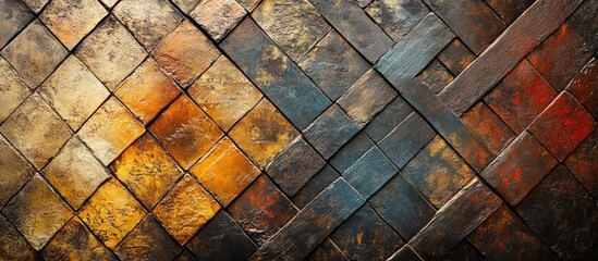 Poster - Textured wall surface in varying shades of gold, brown, and blue with a geometric pattern and copy space.