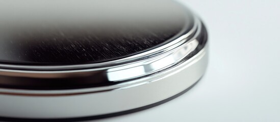 Poster - Close-up view of a polished metallic surface with a circular edge and subtle reflections on a white background Copy Space