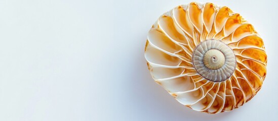 Poster - Close-up of nautilus shell with intricate pattern details on white background Copy Space