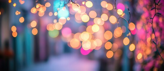 Poster - Blurry street scene with colorful bokeh lights and festive decorations creating a vibrant atmosphere Copy Space