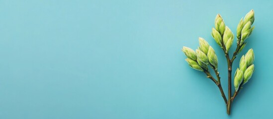 Poster - Fresh green plant branches on a vibrant blue background with ample copy space for text placement