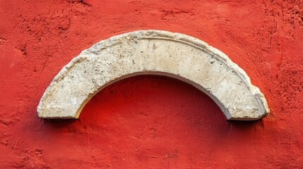 Poster - Old stone arch fragment on a textured red wall with natural lighting and shadows, providing unique architectural detail and Copy Space.