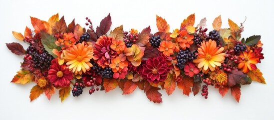 Poster - Colorful autumn floral arrangement with orange and red flowers and leaves on white background. Copy Space.