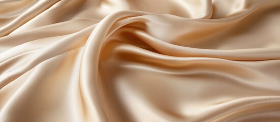 Poster - Soft beige satin fabric texture draped with smooth folds and gentle waves ideal for backgrounds and design projects Copy Space