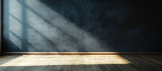 Poster - Empty interior room with dark textured wall and wooden floor illuminated by sunlight creating dramatic shadows and highlights Copy Space