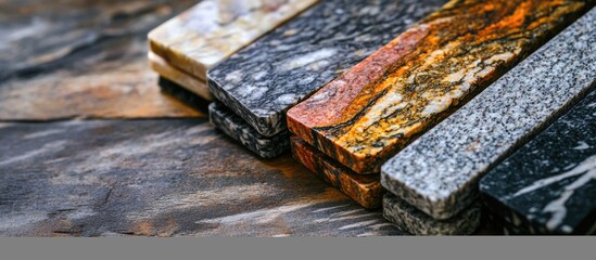 Poster - assorted polished stone slabs with different textures and colors arranged on a natural stone surface