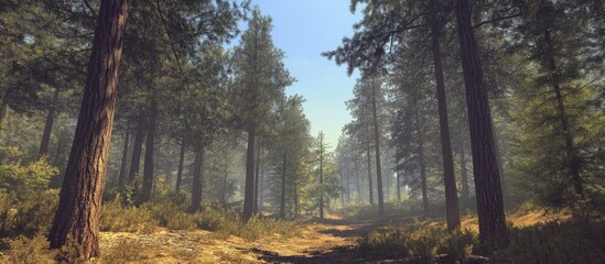 Poster - Dense forest landscape with tall pine trees and a sunlit pathway surrounded by greenery and soft mist in a natural setting Copy Space