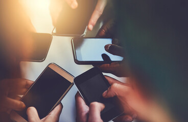 Poster - Group, hands and smartphone for research, office and online for competition analysis, digital and social media. Plan, screen and people with mobile for project, content creator and teamwork with app