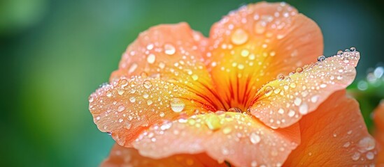 Poster - Close-up view of an orange flower with water droplets on petals against a blurred green background Copy Space