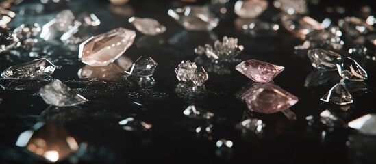 Poster - Scattered assorted diamonds and gemstones on a reflective dark surface with highlights and shadows, Copy Space