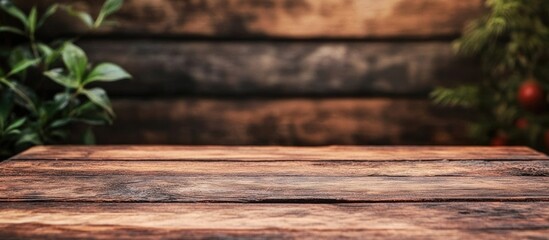 Poster - Wooden table surface with natural elements and blurred rustic wooden background showcasing copy space for text or products.