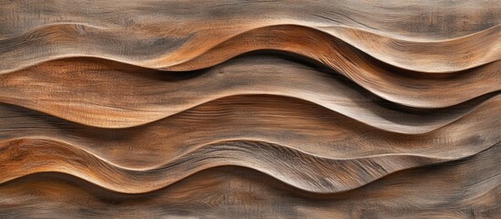 Poster - Textured wooden wall panel with wavy design in warm natural tones, ideal for background use, Copy Space available