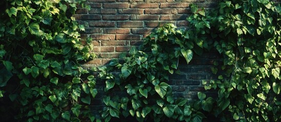 Poster - Green ivy vines growing on a rustic brick wall creating a natural texture background with Copy Space for text placement