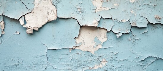 Poster - Cracked and peeling blue paint wall texture with visible damaged areas and uneven surface imperfections Copy Space