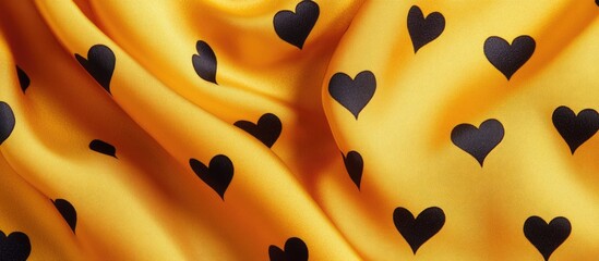 Poster - Yellow fabric with black heart pattern draped texture background with soft folds and Copy Space for text placement.