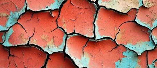 Poster - Cracked paint texture on a wall with red and blue hues showing weathered and aged appearance suitable for backgrounds or design elements Copy Space