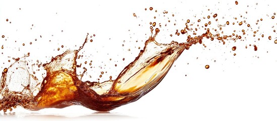 Poster - Brown liquid splash with droplets on white background isolated Copy Space