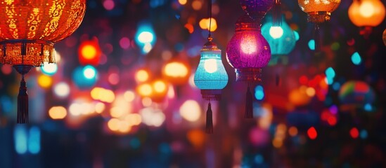 Poster - Colorful decorative lanterns illuminated at night creating a vibrant bokeh background with soft lights and Copy Space.