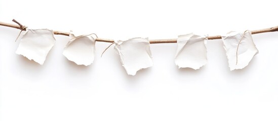 Poster - String of torn white paper sheets hanging on a twig against a white background with copy space for text or graphics