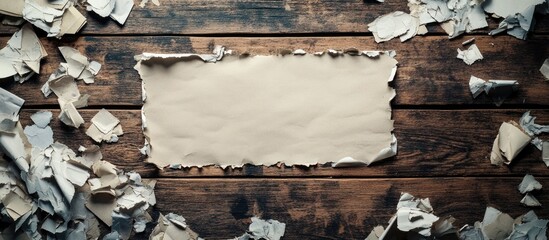 Poster - Torn paper on wooden table with surrounding ripped paper and ample copy space for text insertion