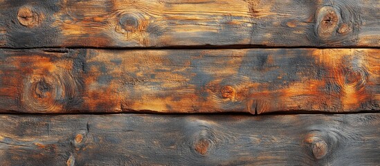 Poster - Textured rustic wooden background with dark and orange hues featuring natural knots and grain patterns Copy Space