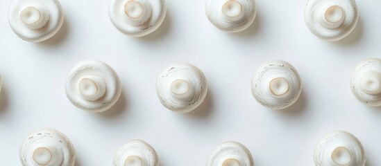 Poster - White ceramic cups arranged in a repetitive pattern on a clean surface with ample copy space for design elements