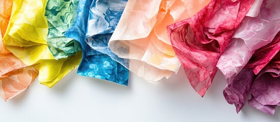 Poster - Colorful crumpled tissue paper in rainbow gradient arrangement with soft textures on light background Copy Space