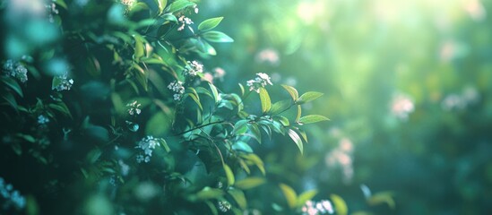 Poster - Close-up of green leaves and small white flowers with a natural soft focus and a blurred background Copy Space