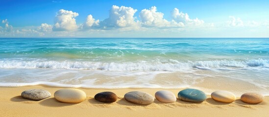 Poster - Beach scene with smooth pebbles lined on sandy shore in front of calm ocean waves and blue sky with clouds Copy Space