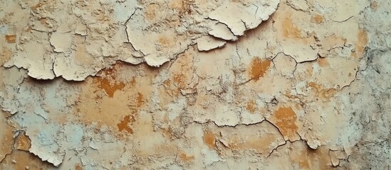 Poster - Peeling paint texture on a weathered wall with varying shades of beige and brown featuring cracks and rough surfaces Copy Space