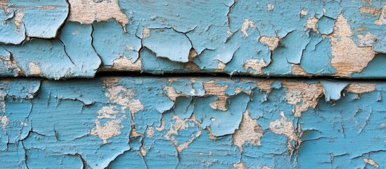 Poster - Peeling blue paint on weathered wooden surface with visible textures and layers Copy Space