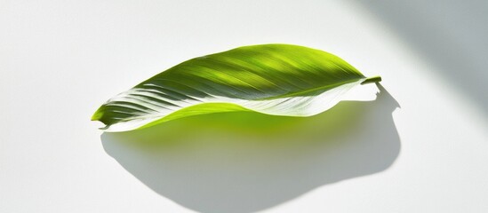 Poster - Green and white leaf on a light background with shadow and bright highlights Copy Space