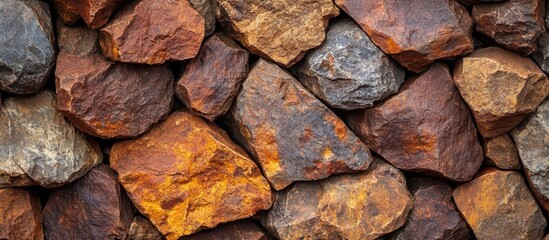 Poster - Textured surface of a mix of natural stones in various colors including brown, gray, and rust showcasing a rustic wall structure with Copy Space