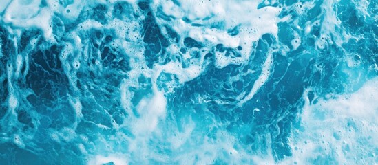 Poster - Aerial view of ocean waves with foam in turquoise and white tones suitable for background or texture use Copy Space