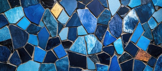 Poster - Blue Mosaic Tile Background with Various Shades of Blue and Black Ceramic Pieces, Abstract Design, Texture Detail, Suitable for Text Placement, Copy Space