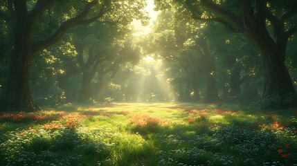 Wall Mural - Sunlit Forest Path, Flowers, Mist, Nature, Background, Fantasy, Design