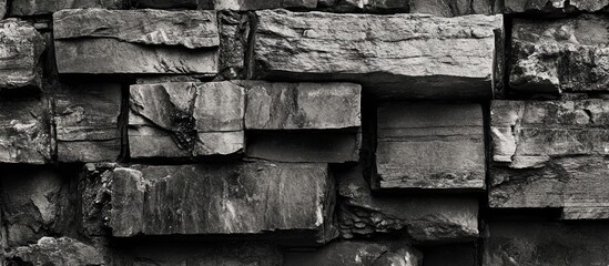 Poster - Textured wall of stacked dark stones in varying sizes and shapes monochrome background with natural imperfections and details