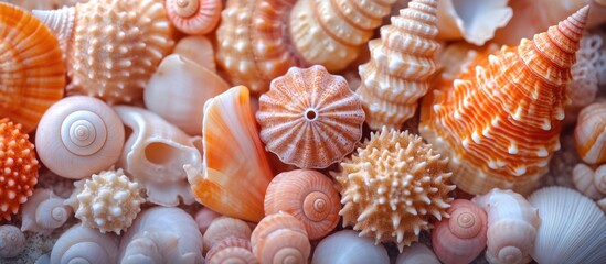 Poster - Collection of various seashells including spiral and flat shapes in shades of pink orange and white arranged on sandy background Copy Space