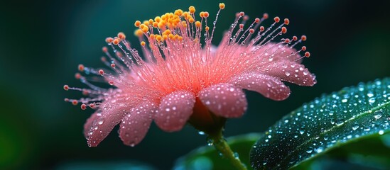 Poster - Close-up view of a pink flower with water droplets on petals and leaves against a blurred green background Copy Space