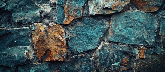 Poster - Textured close-up of a weathered stone wall featuring various shades of gray and brown stones with rough surfaces and some moss. Copy Space