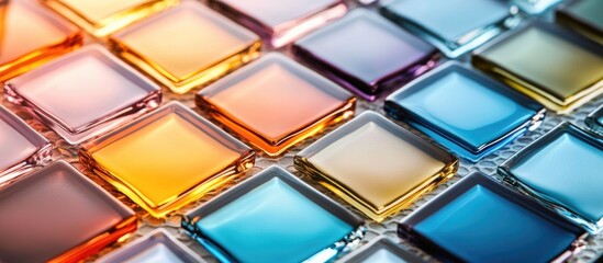 Poster - Colorful glass tiles arranged in grid pattern with reflections and shadows creating visual depth and texture Copy Space