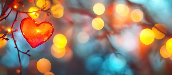 Poster - Colorful heart decoration hanging on branch with blurred bokeh lights background creating a festive and romantic atmosphere Copy Space